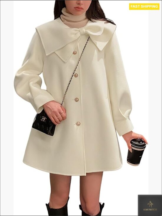 Jackets & Blazers - Classic Wool Pea Coat with Bow Detail Lapel Collar Single Breasted Long Sleeve